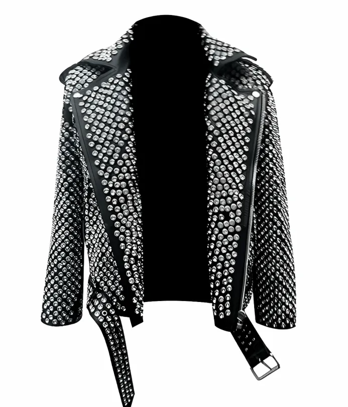 Men's Studded Biker Leather Jacket In Black