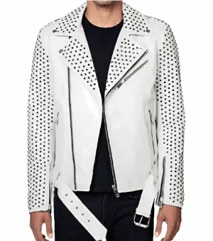 Men's Studded Biker Leather Jacket In White