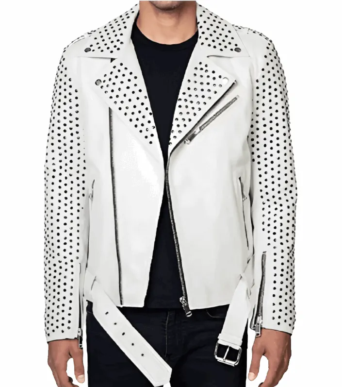 Men's Studded Biker Leather Jacket In White