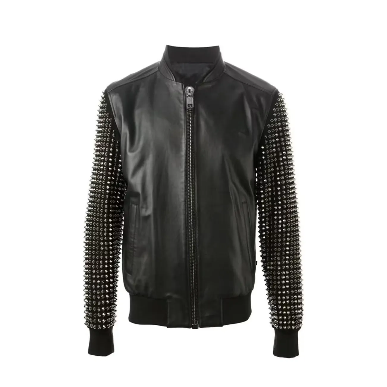 Men's Studded Bomber Zippered Leather Jacket
