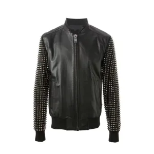 Men's Studded Bomber Zippered Leather Jacket