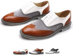 Men's Two Tone Patchwork Brogue Oxfords Shoes Fashion Classic Round-Toe Lace Up Low Top Leather Dress Shoes Hand Stitched Business Formal Derby Shoes