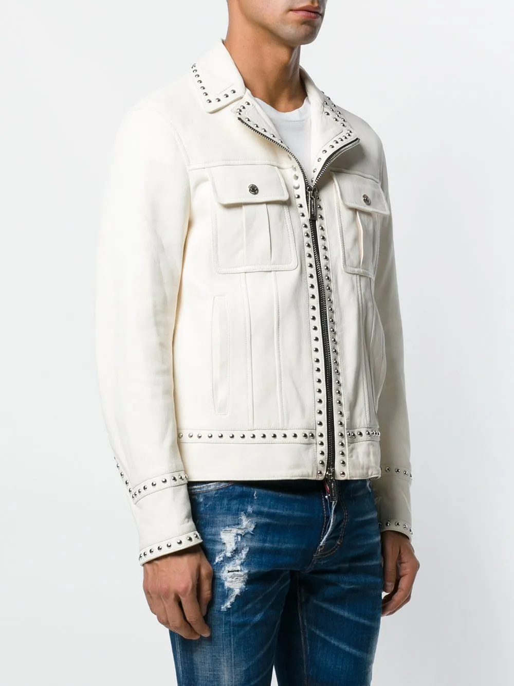 Men's White Studded Leather Motorcycle Jacket