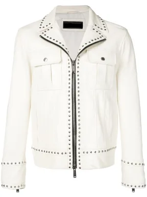 Men's White Studded Leather Motorcycle Jacket