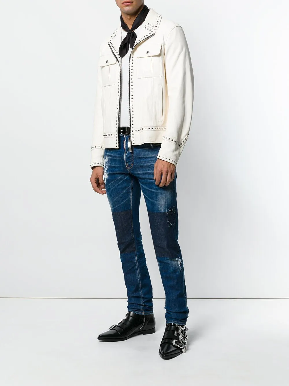 Men's White Studded Leather Motorcycle Jacket