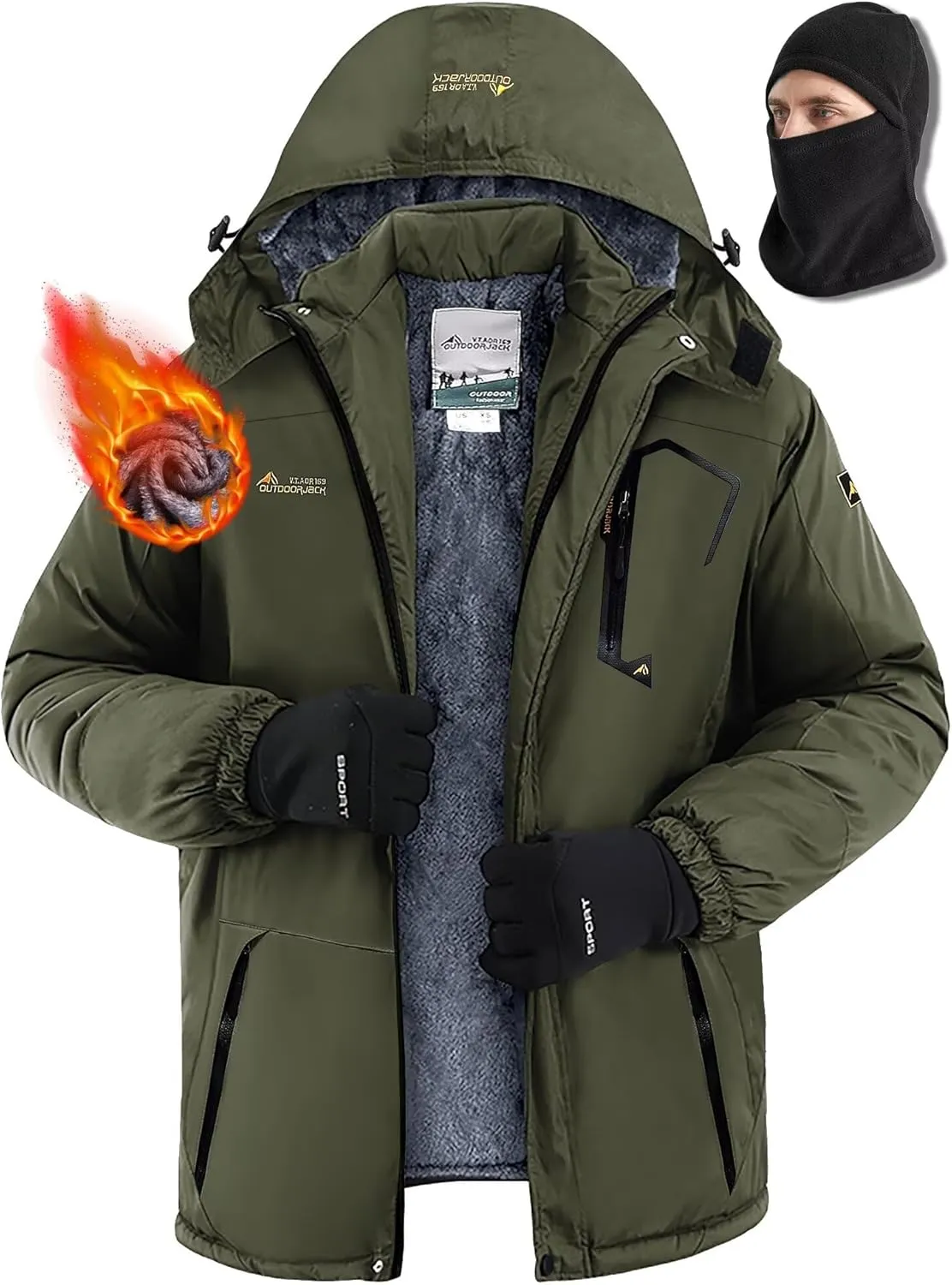 Men's Winter Coats,Fleece-Lined,With Fleece Balaclava,Waterproof&Windproof,Ski Snow Jackets