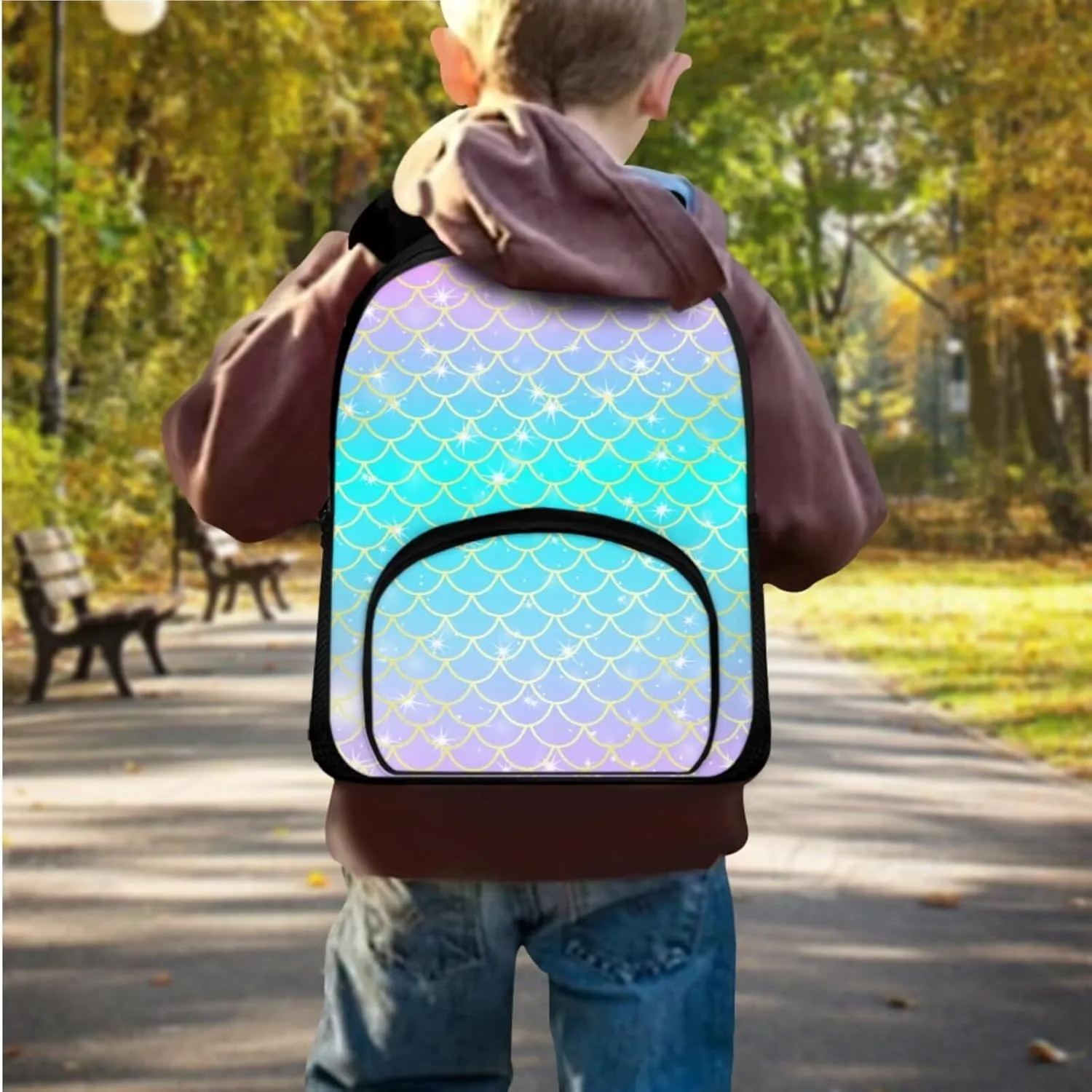 Mermaid Backpack for Girls Kids Backpack with Lunch Box and Big Capacity Pencil Case 3 Pcs Set 12" Sturdy Bookbag with Front Pocket Lightweight School Bag with Side Pockets for Toddler Girls