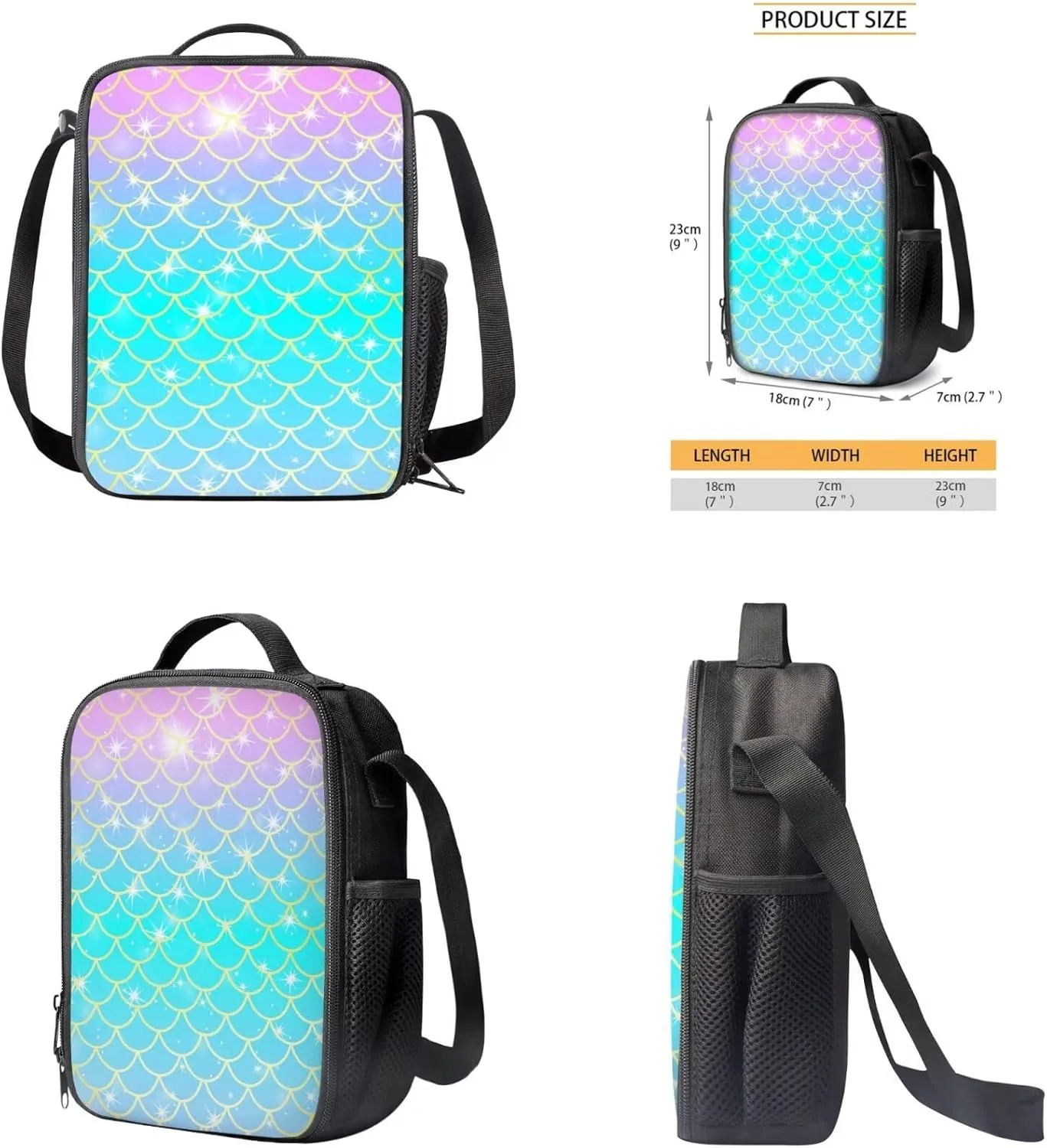 Mermaid Backpack for Girls Kids Backpack with Lunch Box and Big Capacity Pencil Case 3 Pcs Set 12" Sturdy Bookbag with Front Pocket Lightweight School Bag with Side Pockets for Toddler Girls