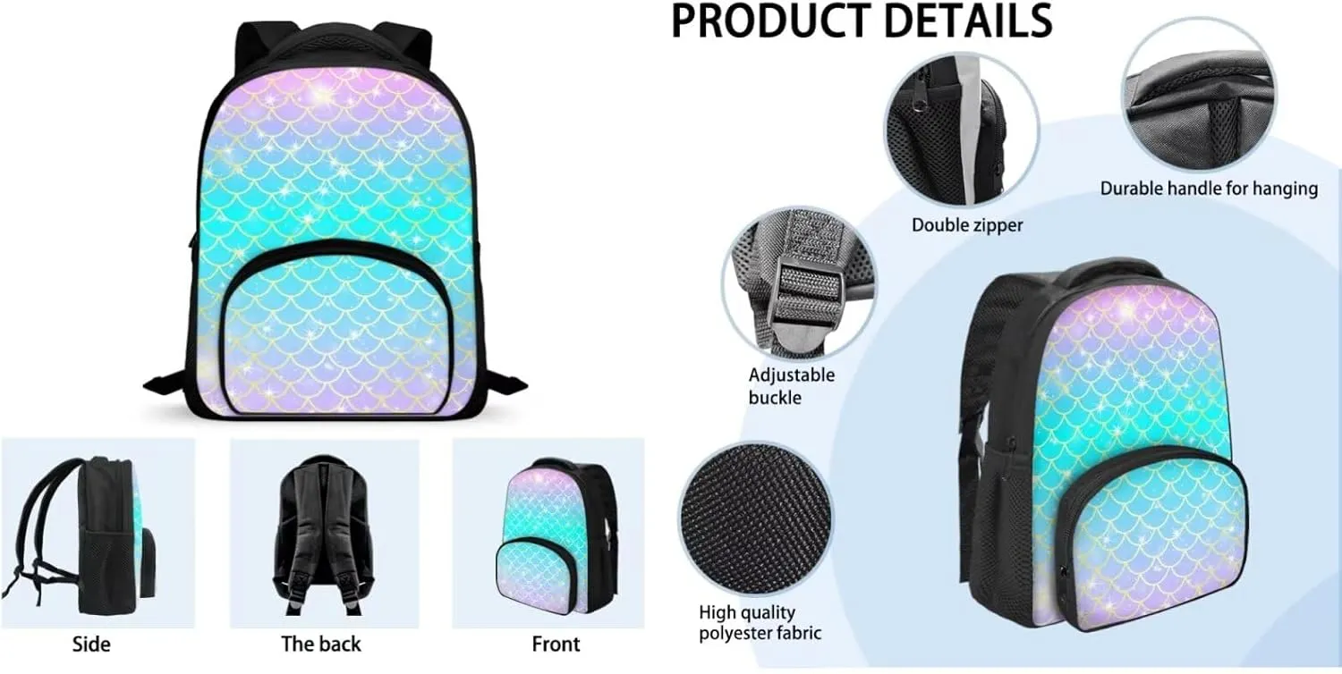 Mermaid Backpack for Girls Kids Backpack with Lunch Box and Big Capacity Pencil Case 3 Pcs Set 12" Sturdy Bookbag with Front Pocket Lightweight School Bag with Side Pockets for Toddler Girls