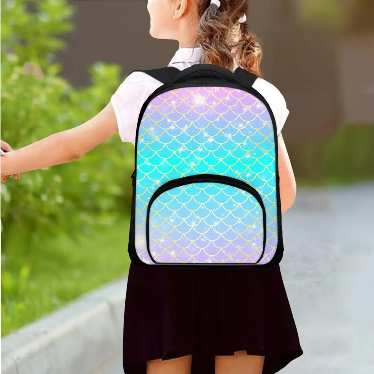 Mermaid Backpack for Girls Kids Backpack with Lunch Box and Big Capacity Pencil Case 3 Pcs Set 12" Sturdy Bookbag with Front Pocket Lightweight School Bag with Side Pockets for Toddler Girls
