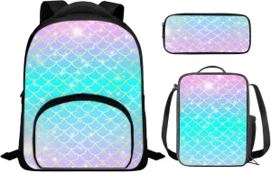 Mermaid Backpack for Girls Kids Backpack with Lunch Box and Big Capacity Pencil Case 3 Pcs Set 12" Sturdy Bookbag with Front Pocket Lightweight School Bag with Side Pockets for Toddler Girls