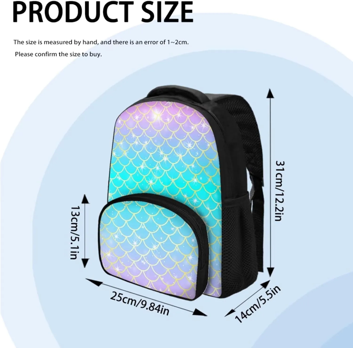 Mermaid Backpack for Girls Kids Backpack with Lunch Box and Big Capacity Pencil Case 3 Pcs Set 12" Sturdy Bookbag with Front Pocket Lightweight School Bag with Side Pockets for Toddler Girls