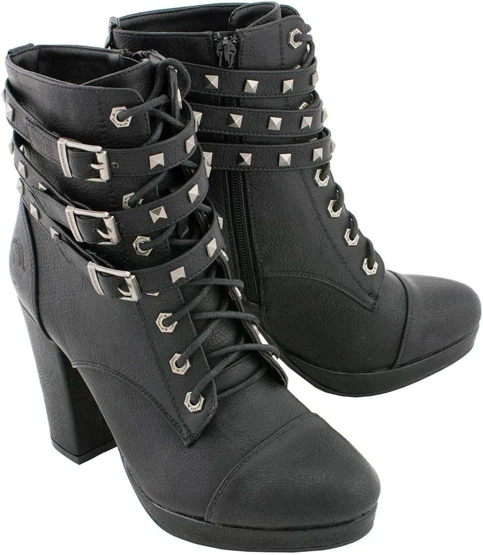 Milwaukee Leather MBL9417 Women's Black Lace-Up Fashion Boots with Triple Strap Studded Accents