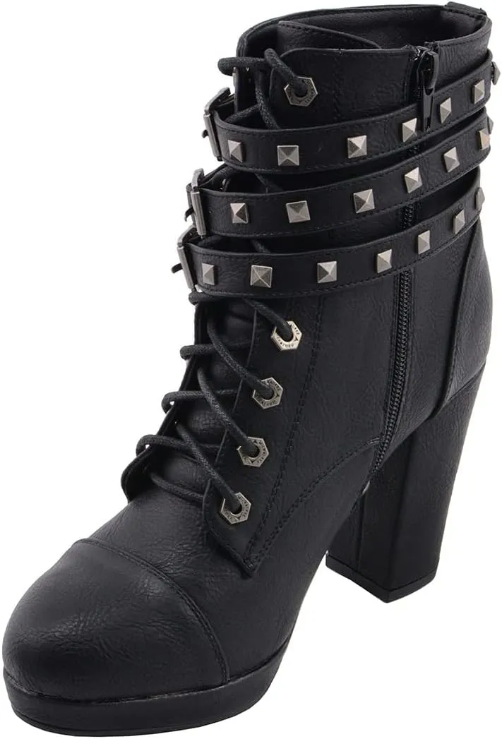 Milwaukee Leather MBL9417 Women's Black Lace-Up Fashion Boots with Triple Strap Studded Accents