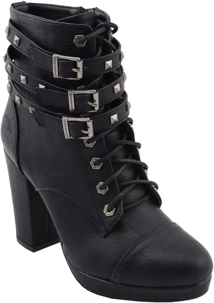 Milwaukee Leather MBL9417 Women's Black Lace-Up Fashion Boots with Triple Strap Studded Accents
