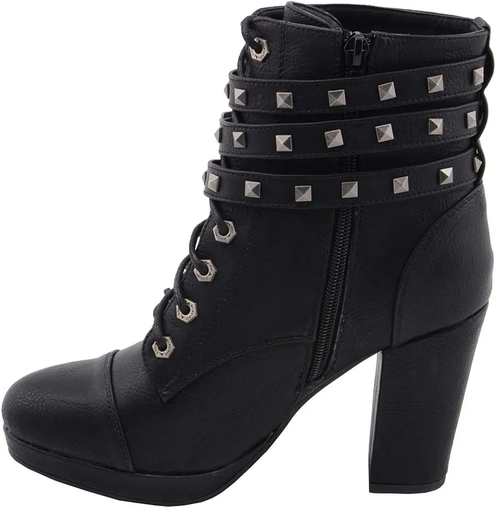 Milwaukee Leather MBL9417 Women's Black Lace-Up Fashion Boots with Triple Strap Studded Accents