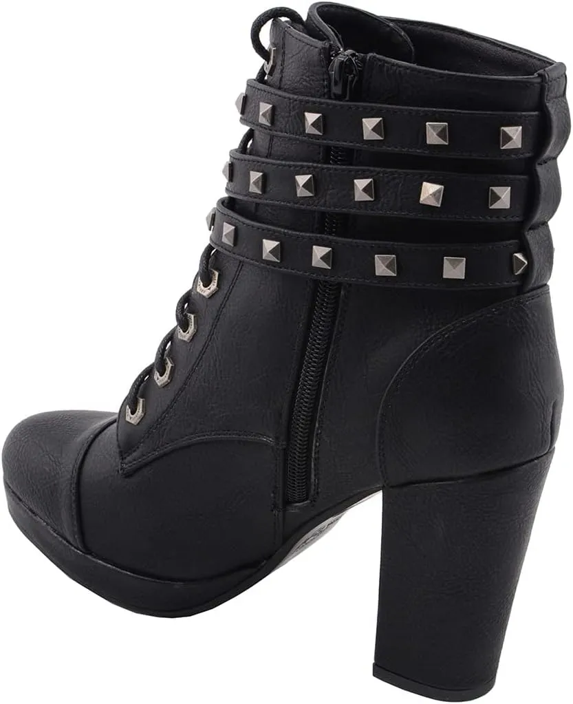 Milwaukee Leather MBL9417 Women's Black Lace-Up Fashion Boots with Triple Strap Studded Accents