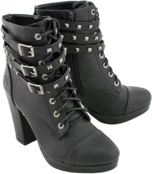 Milwaukee Leather MBL9417 Women's Black Lace-Up Fashion Boots with Triple Strap Studded Accents