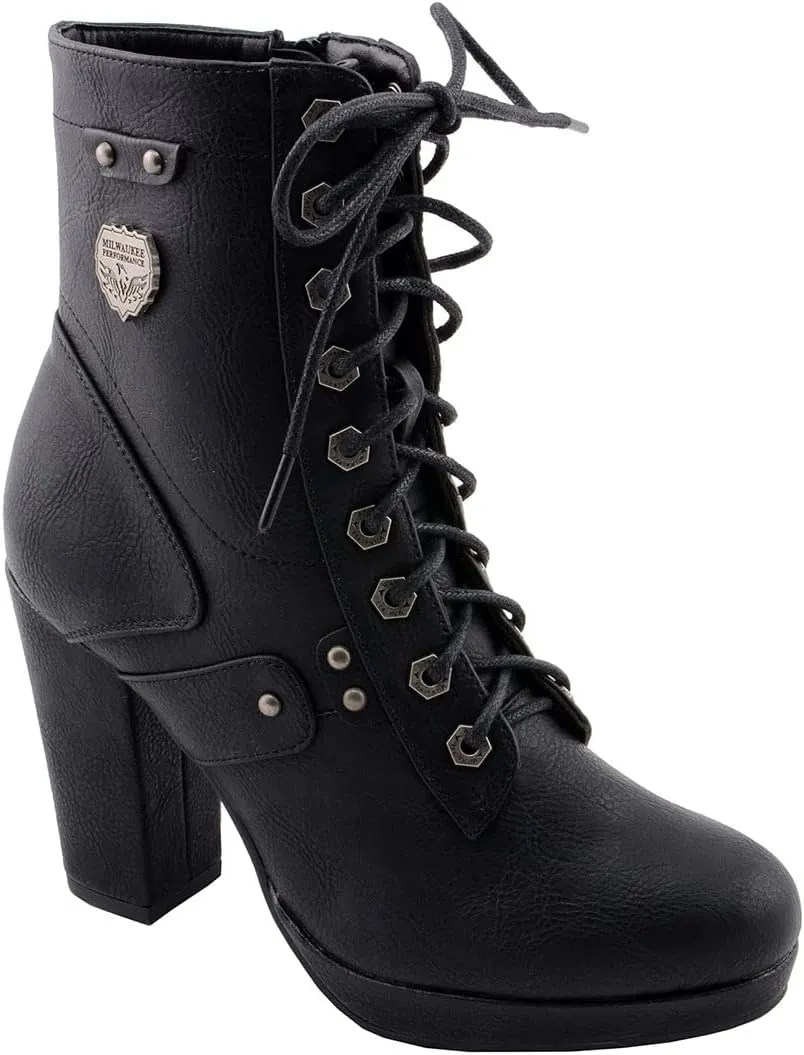 Milwaukee Leather MBL9418 Women's Black Lace-Up Fashion Boots with Studded Accents and Platform Heel