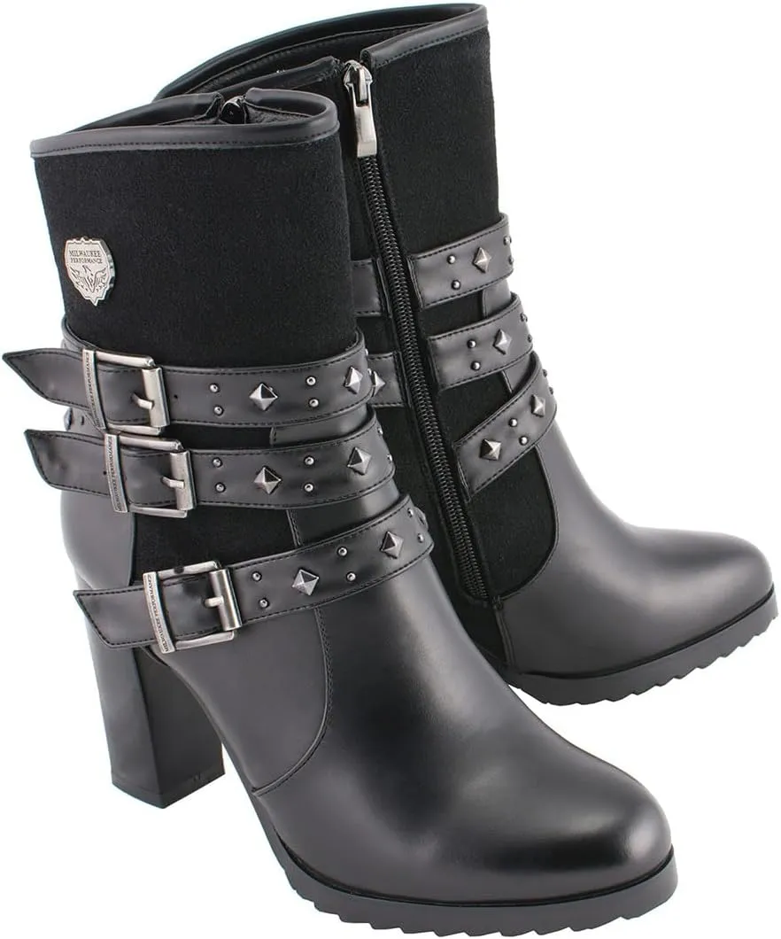 Milwaukee Leather MBL9433 Women's Black Triple Buckle Strap Fashion Riding Boots with Block Heel