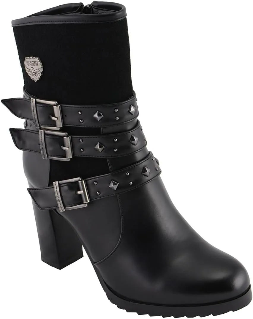 Milwaukee Leather MBL9433 Women's Black Triple Buckle Strap Fashion Riding Boots with Block Heel
