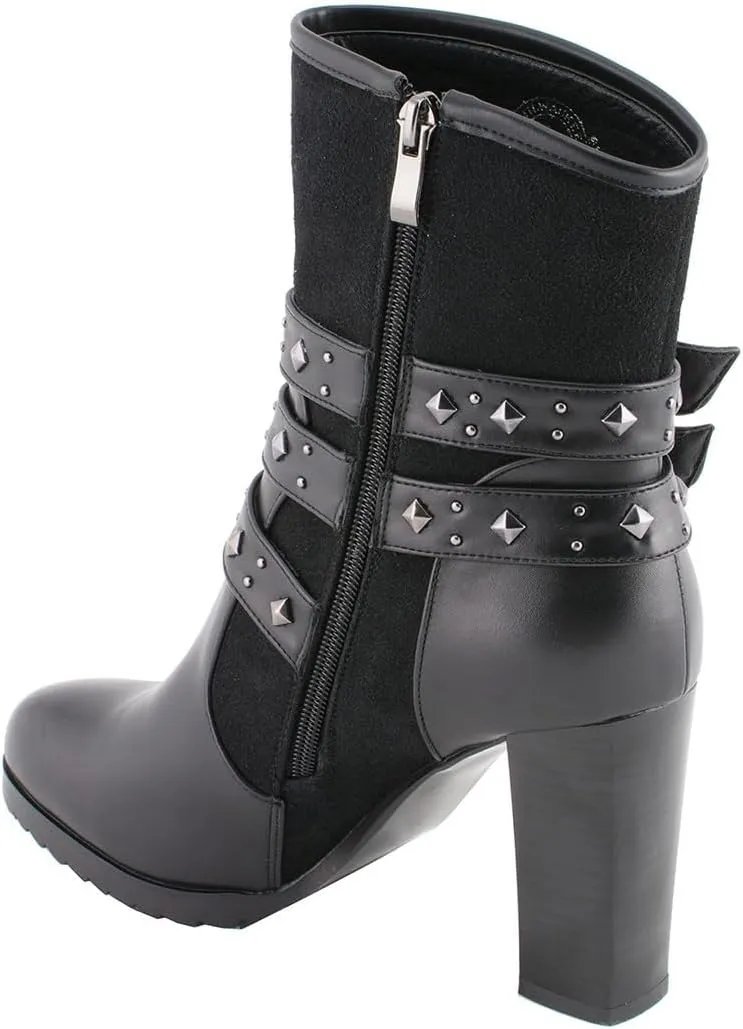 Milwaukee Leather MBL9433 Women's Black Triple Buckle Strap Fashion Riding Boots with Block Heel