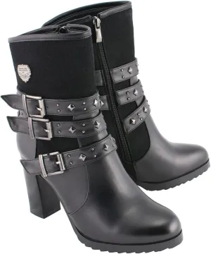 Milwaukee Leather MBL9433 Women's Black Triple Buckle Strap Fashion Riding Boots with Block Heel