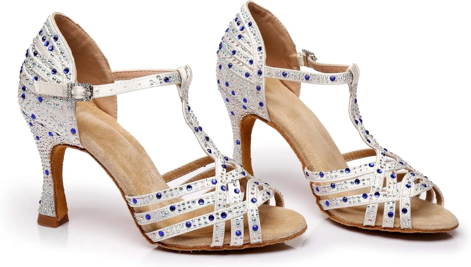 Minishion Women's Latin Salsa T-Strap Crystals Fashion Satin Social Dance Shoes Bridal Sandals