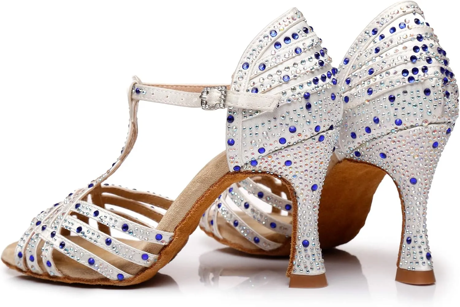 Minishion Women's Latin Salsa T-Strap Crystals Fashion Satin Social Dance Shoes Bridal Sandals