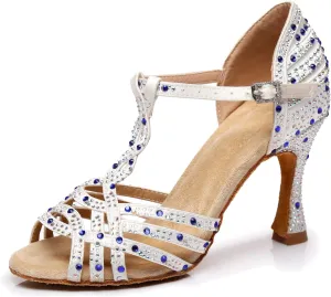 Minishion Women's Latin Salsa T-Strap Crystals Fashion Satin Social Dance Shoes Bridal Sandals