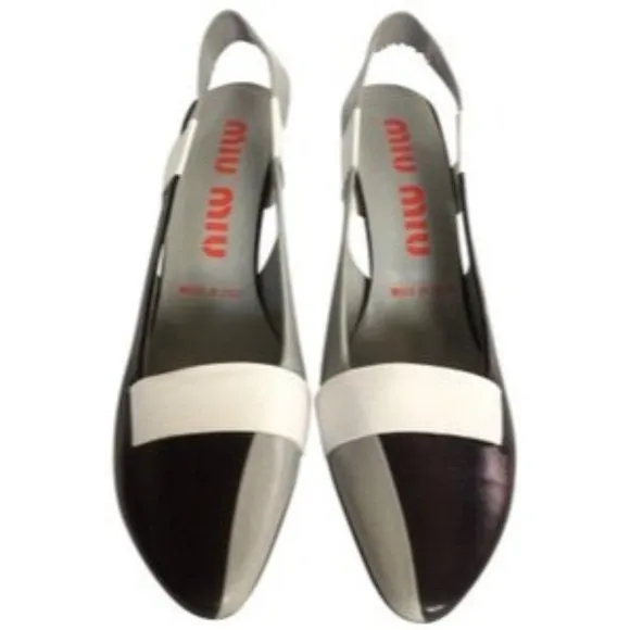 Miu Miu Black Grey White Slingback Wedge Heel