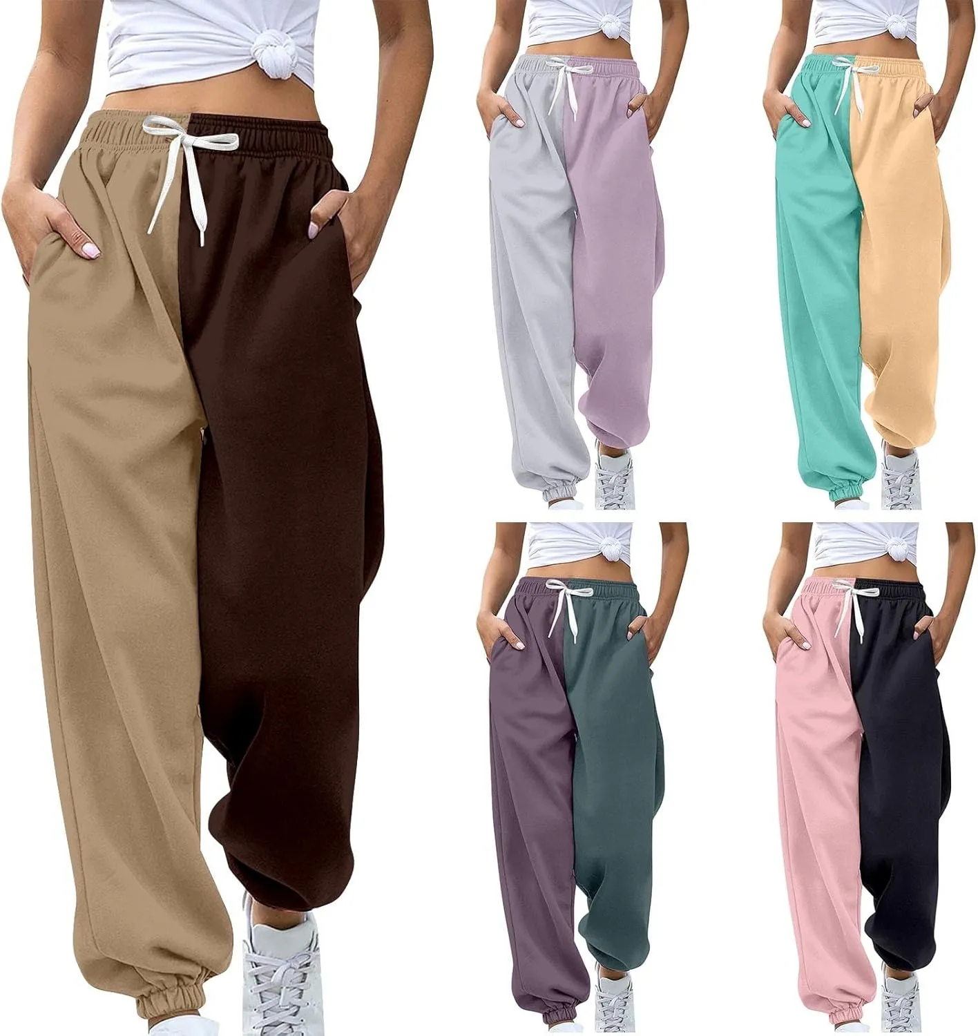Miyaomn Women's Joggers Pants Fall Fashion Running Sweatpants with Pockets Athletic Patchwork Casual Pants for Workout Lounge