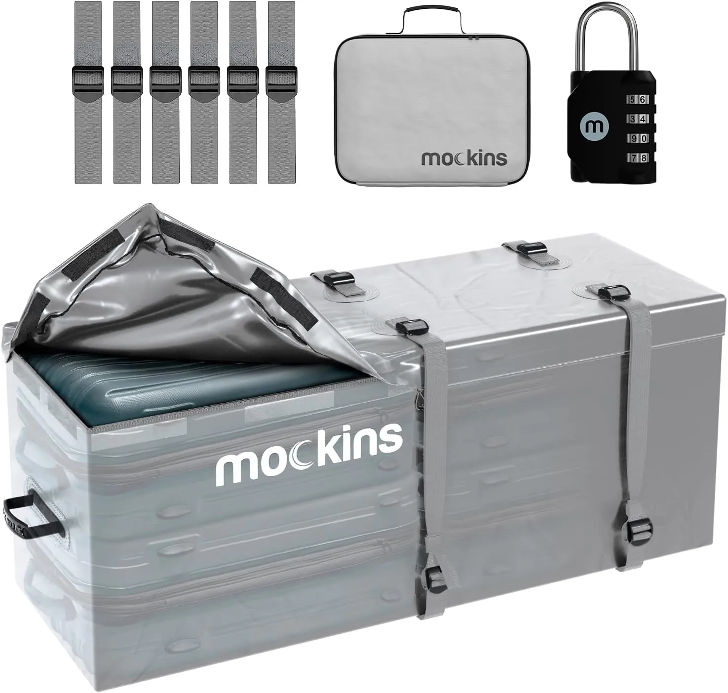 Mockins 16 Cu.Ft. Gray Trailer Hitch Cargo Carrier Bag | 58"x20"x24" Abrasion-Resistant Vinyl Cargo Bag for Hitch Carrier | Heavy Duty Waterproof Truck Bed Storage Set with Straps, Lock, & Carry Case