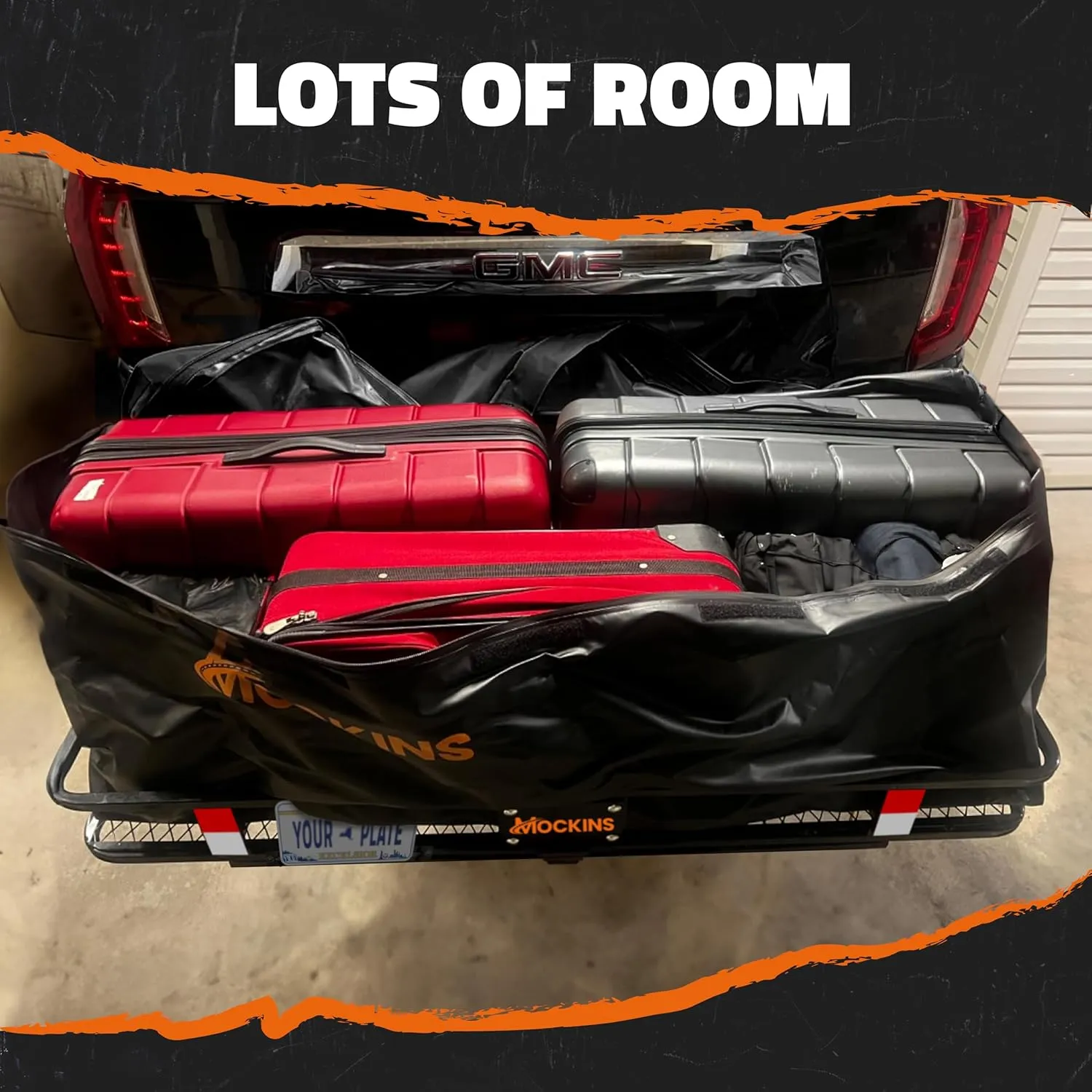 Mockins 16 Cu.Ft. Trailer Hitch Cargo Carrier Bag | 58"x20"x24" Abrasion-Resistant Vinyl Waterproof Cargo Bag for Hitch Carrier | All-Weather Truck Bed Storage Set w/Straps, Bag Lock, & Carry Bag