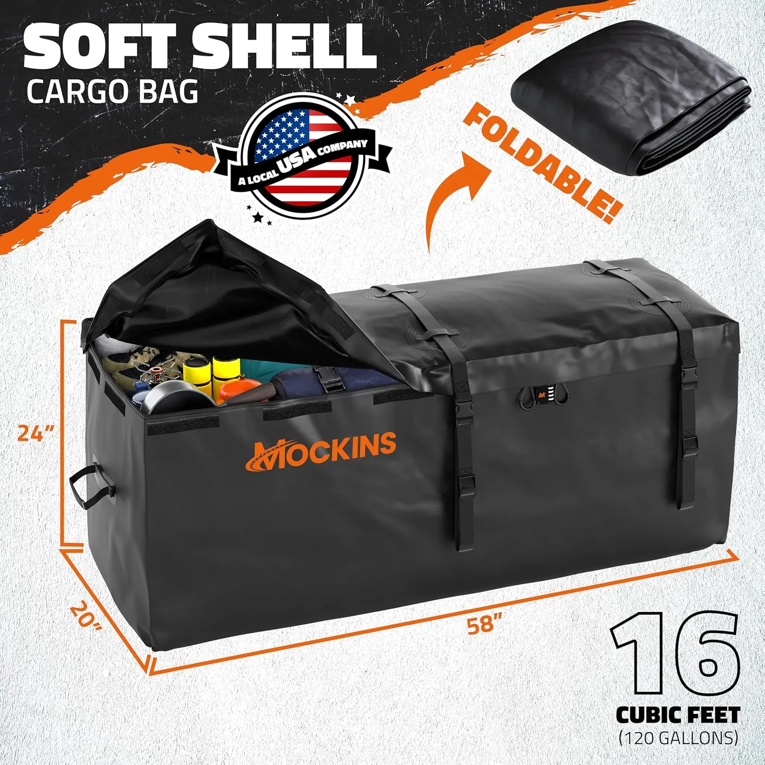Mockins 16 Cu.Ft. Trailer Hitch Cargo Carrier Bag | 58"x20"x24" Abrasion-Resistant Vinyl Waterproof Cargo Bag for Hitch Carrier | All-Weather Truck Bed Storage Set w/Straps, Bag Lock, & Carry Bag