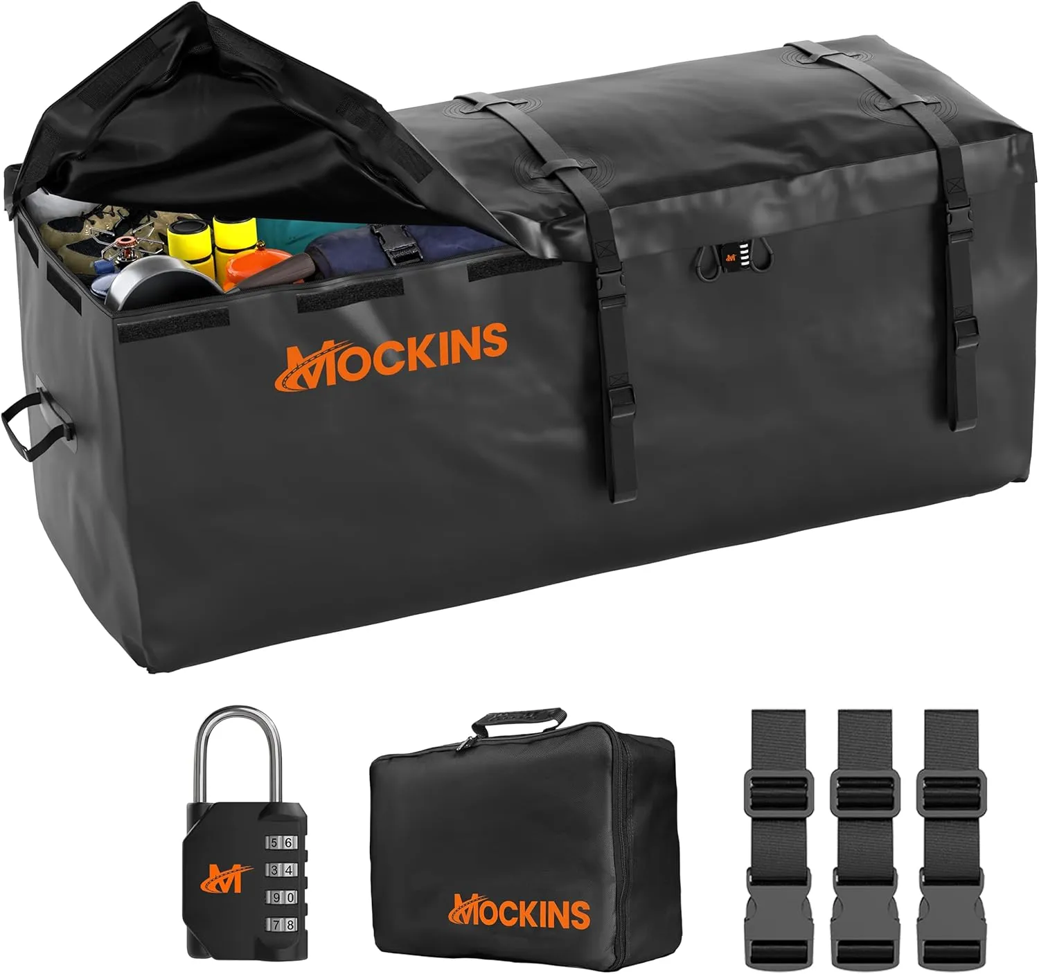 Mockins 16 Cu.Ft. Trailer Hitch Cargo Carrier Bag | 58"x20"x24" Abrasion-Resistant Vinyl Waterproof Cargo Bag for Hitch Carrier | All-Weather Truck Bed Storage Set w/Straps, Bag Lock, & Carry Bag