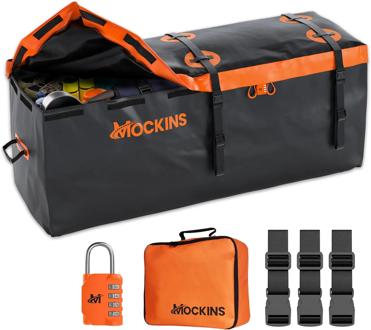 Mockins 16 Cu.Ft. Waterproof Cargo Bag for Truck Bed Storage | 58"x20"x24" All-Weather Trailer Hitch Cargo Carrier Bag |Abrasion-Resistant Vinyl Waterproof Luggage Bag Set w/Straps & Combination Lock