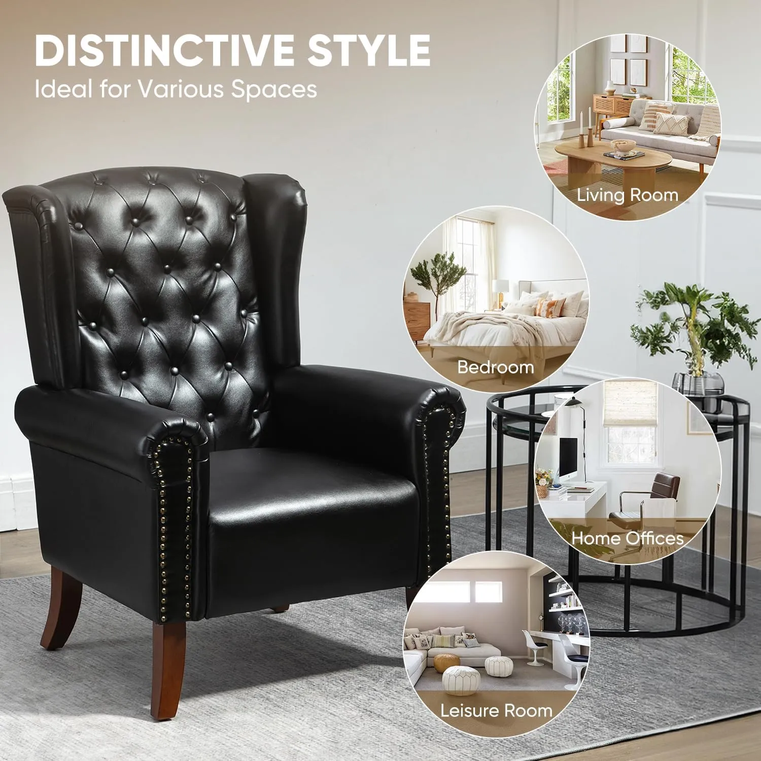 MOJAY PU Leather Accent Chair, Mid-Century Living Room Chairs Sofa Chair, Upholstered Arm Chair with Sturdy Wooden Legs, Faux Leather Club Chair for Bedroom Study Home Office Reception (Black)
