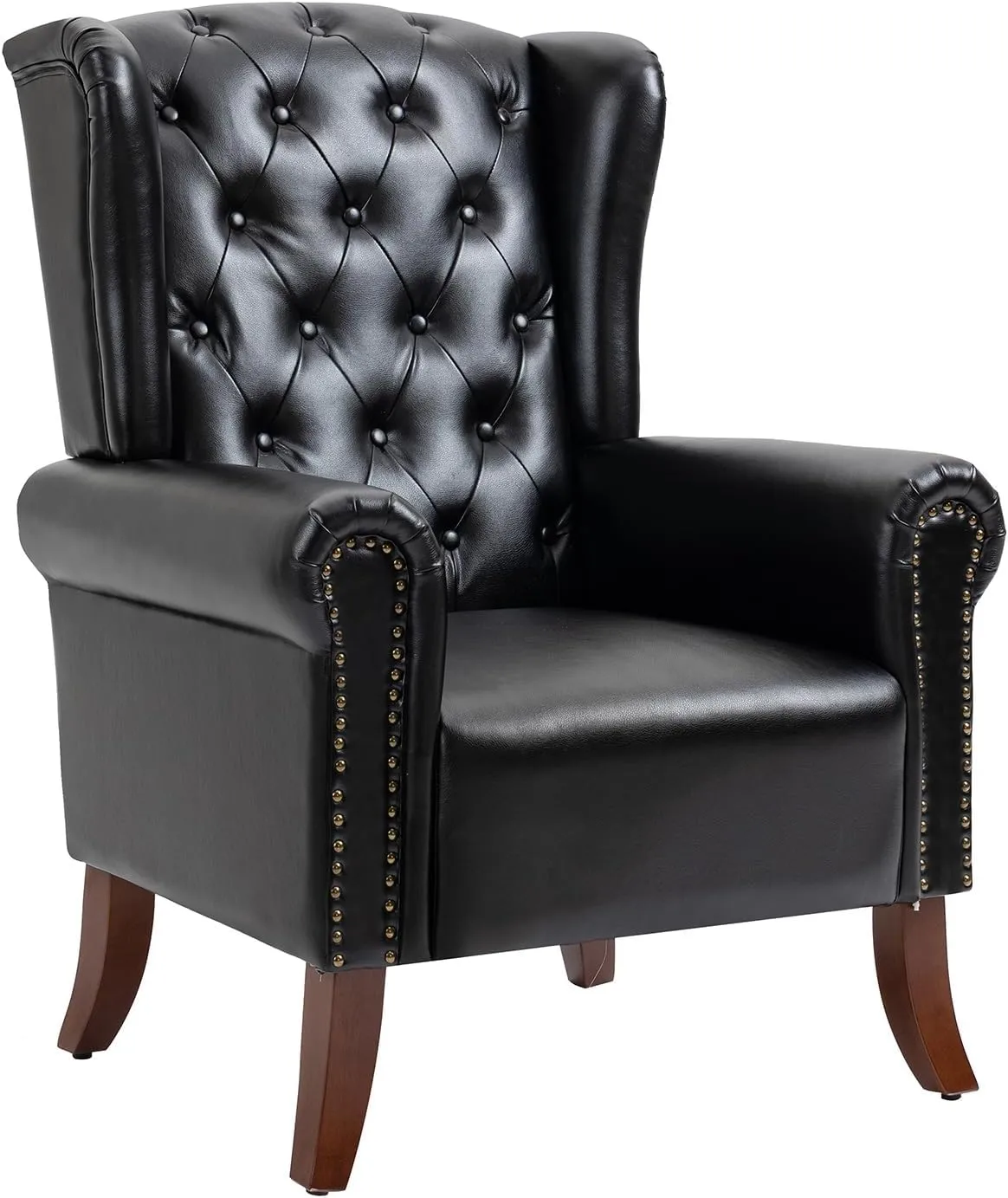 MOJAY PU Leather Accent Chair, Mid-Century Living Room Chairs Sofa Chair, Upholstered Arm Chair with Sturdy Wooden Legs, Faux Leather Club Chair for Bedroom Study Home Office Reception (Black)