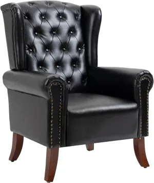 MOJAY PU Leather Accent Chair, Mid-Century Living Room Chairs Sofa Chair, Upholstered Arm Chair with Sturdy Wooden Legs, Faux Leather Club Chair for Bedroom Study Home Office Reception (Black)