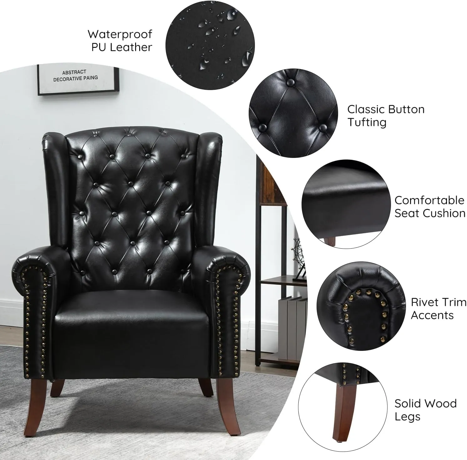 MOJAY PU Leather Accent Chair, Mid-Century Living Room Chairs Sofa Chair, Upholstered Arm Chair with Sturdy Wooden Legs, Faux Leather Club Chair for Bedroom Study Home Office Reception (Black)
