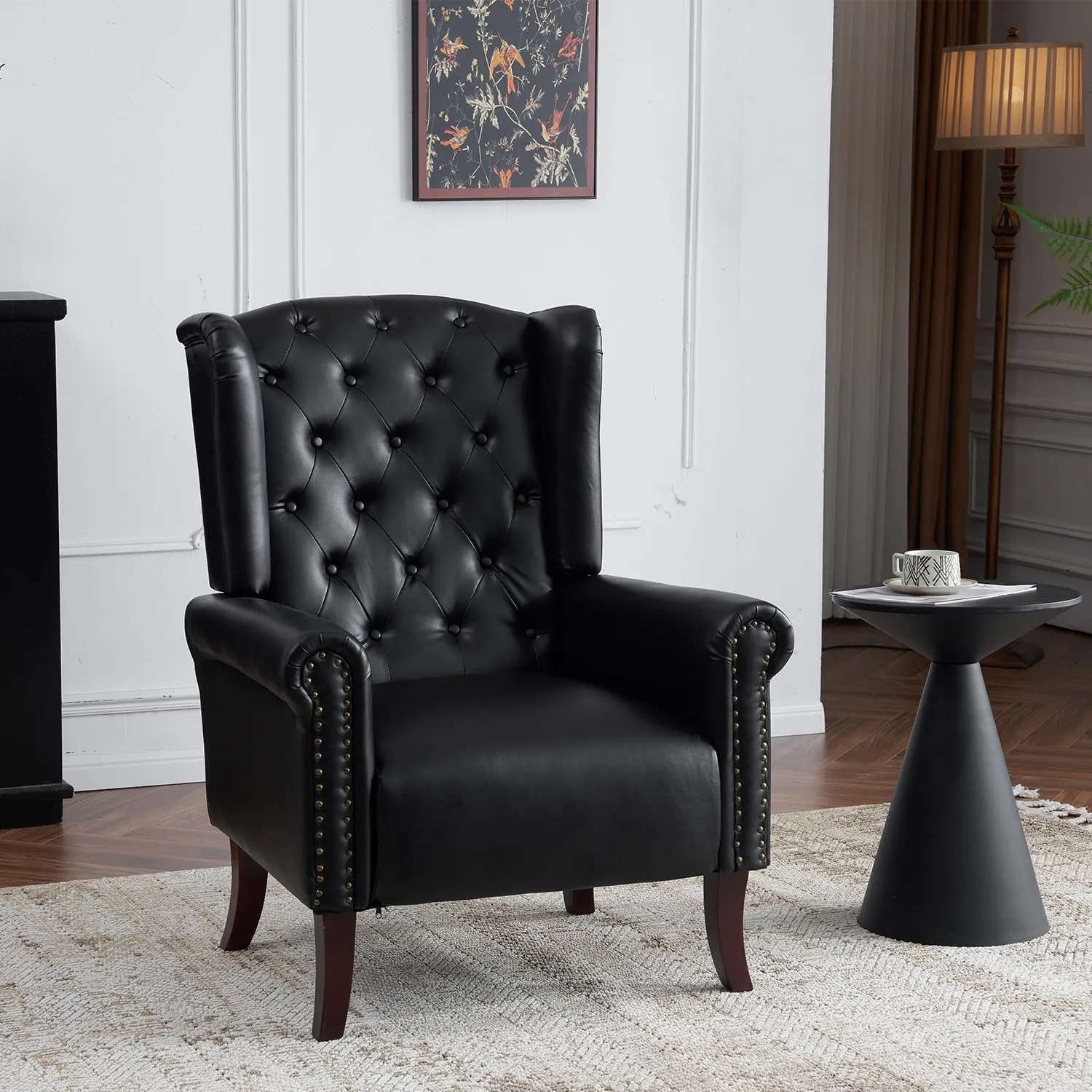 MOJAY PU Leather Accent Chair, Mid-Century Living Room Chairs Sofa Chair, Upholstered Arm Chair with Sturdy Wooden Legs, Faux Leather Club Chair for Bedroom Study Home Office Reception (Black)