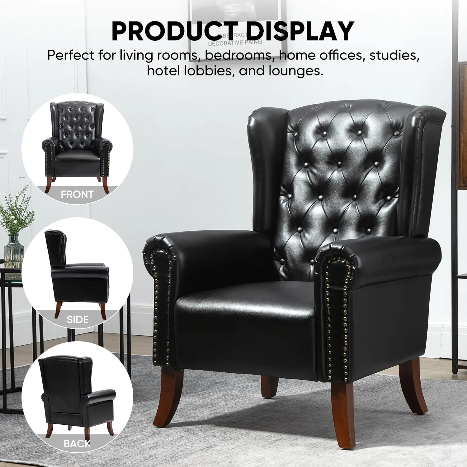 MOJAY PU Leather Accent Chair, Mid-Century Living Room Chairs Sofa Chair, Upholstered Arm Chair with Sturdy Wooden Legs, Faux Leather Club Chair for Bedroom Study Home Office Reception (Black)