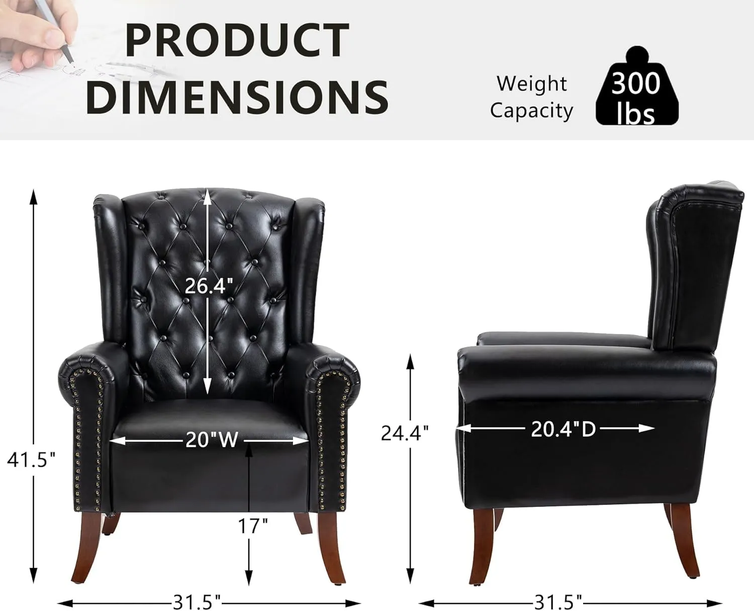 MOJAY PU Leather Accent Chair, Mid-Century Living Room Chairs Sofa Chair, Upholstered Arm Chair with Sturdy Wooden Legs, Faux Leather Club Chair for Bedroom Study Home Office Reception (Black)