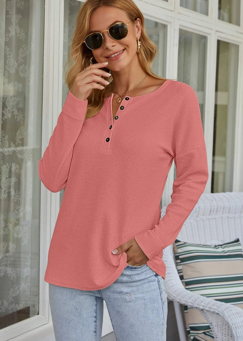 MOLERANI Womens Waffle Knit Tunic Tops Loose Long Sleeve Button Up V Neck Henley Shirts