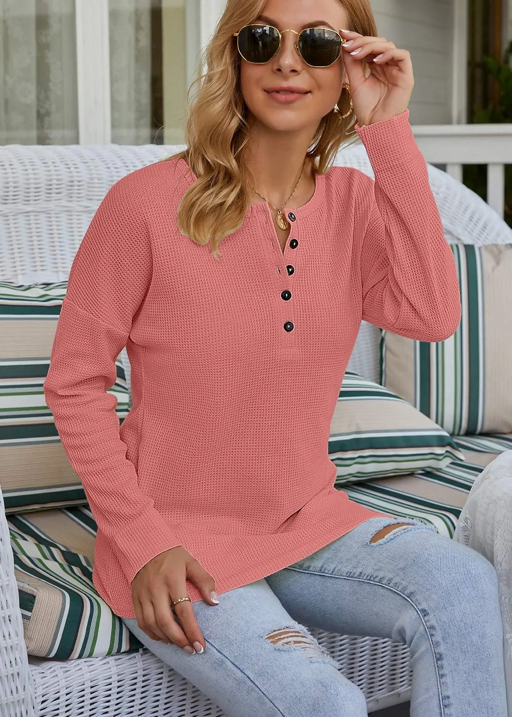 MOLERANI Womens Waffle Knit Tunic Tops Loose Long Sleeve Button Up V Neck Henley Shirts