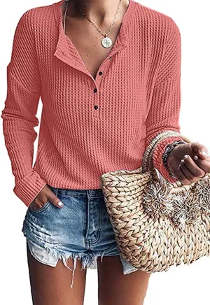 MOLERANI Womens Waffle Knit Tunic Tops Loose Long Sleeve Button Up V Neck Henley Shirts