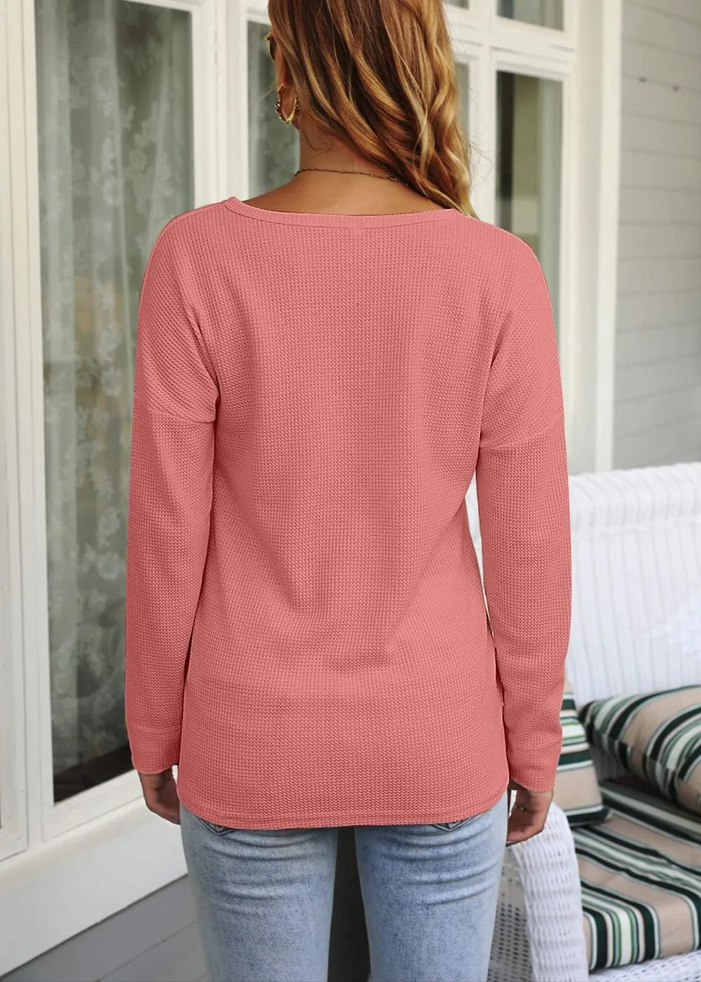 MOLERANI Womens Waffle Knit Tunic Tops Loose Long Sleeve Button Up V Neck Henley Shirts