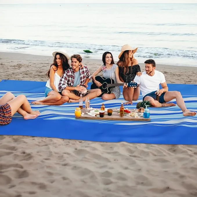 Mooreeke Beach Blanket Extra Large Oversized 9 x 10 ft, Blue Waves Sandproof Waterproof Quick Drying Lightweight Compact Outdoor Blanket Beach Mat for Family Travel Camping Picnic, 1-8 Adults