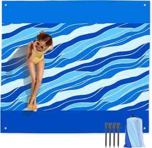 Mooreeke Beach Blanket Extra Large Oversized 9 x 8 ft, Blue Waves Sandproof Waterproof Quick Drying Lightweight Compact Outdoor Blanket Beach Mat for Family Travel Camping Picnic, 1-8 Adults